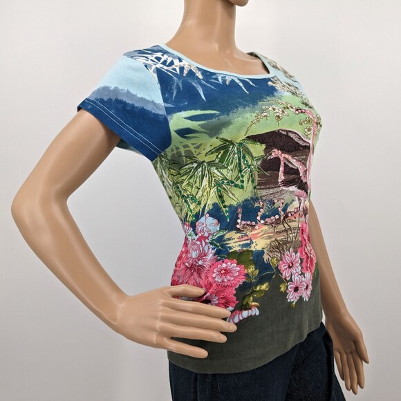 Vintage 90s y2k Take Two Ringer Tee Floral Tropical Falmingo Sequins Size S - Picture 2 of 10